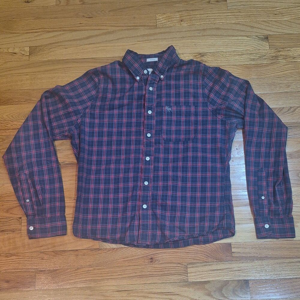 Abercrombie Fitch Men's XL Large Blue Red Plaid Check Button Up Muscle Shirt